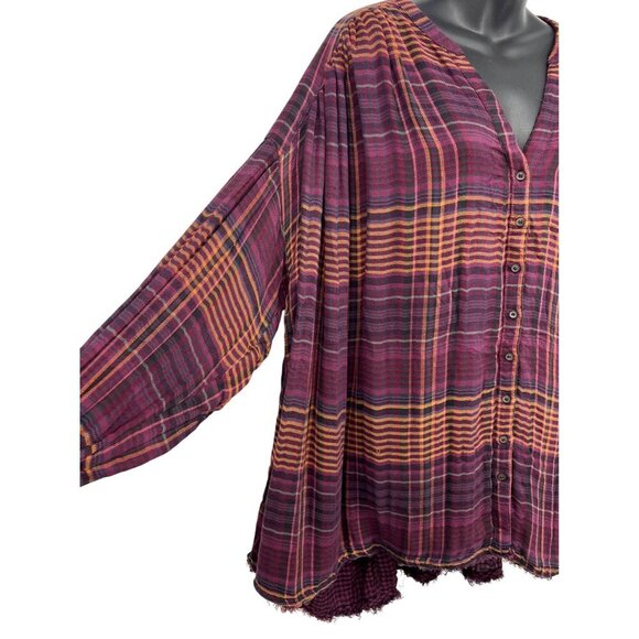 Free People Wine Plaid Button-Down Shirt Fray Long Sleeve Large L NWT New - Picture 4 of 9